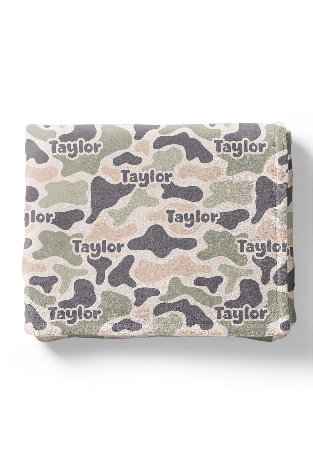 Personalized camo cutie kids blanket folded flat showing camo print in olive, tan, and gray with custom name repeated