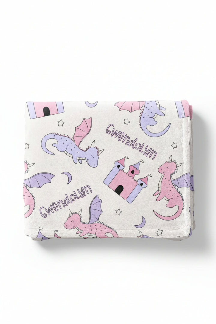 pink and purple dragon and castle personalized kids blanket 