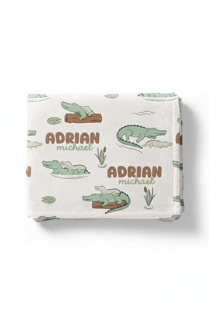 personalized blanket for kids with alligators floating on logs 