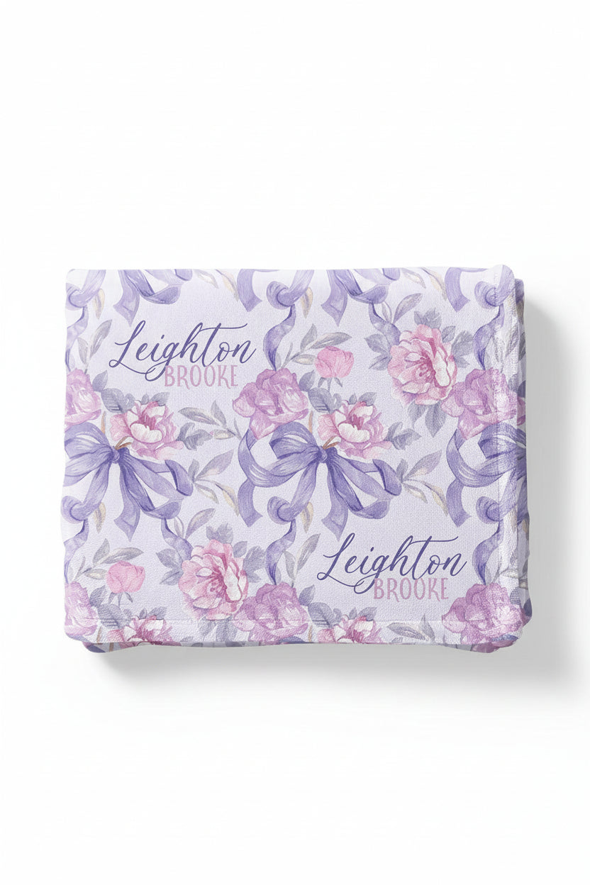 pink and purple flower and bow personalized blanket for girls 