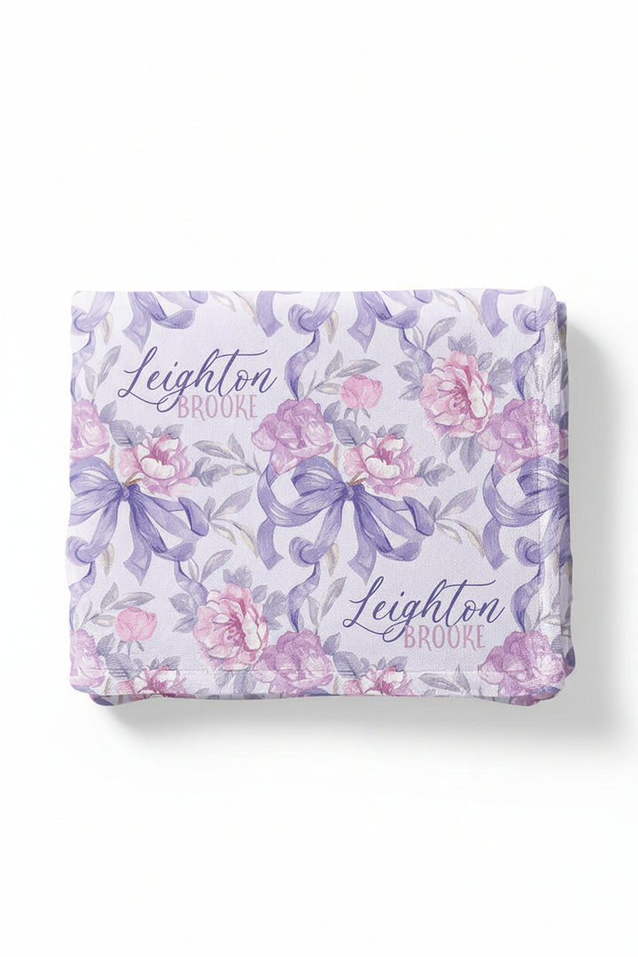 pink and purple flower and bow personalized blanket for girls 