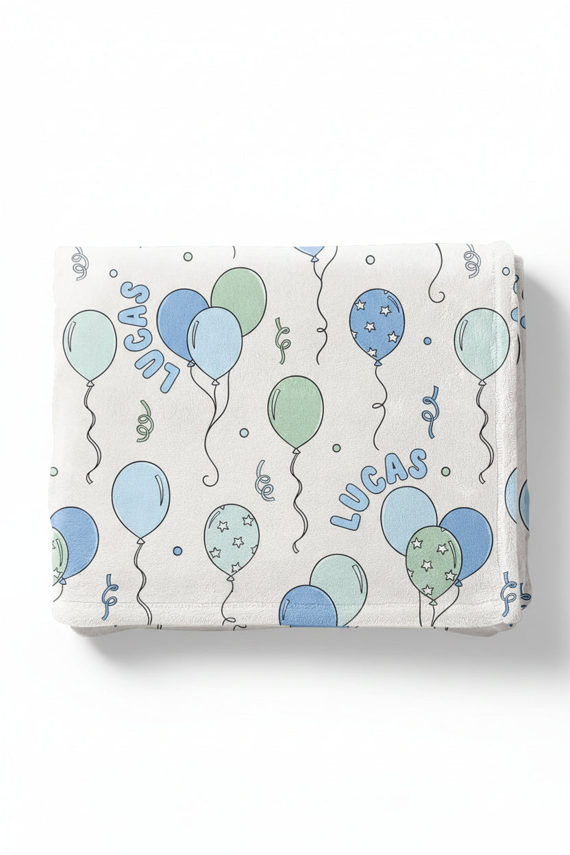 blue and green balloon and streamer personalized blanket for kids 