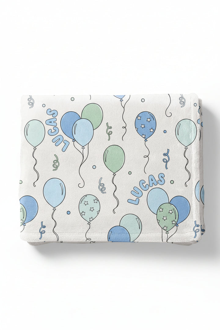blue and green balloon and streamer personalized blanket for kids 
