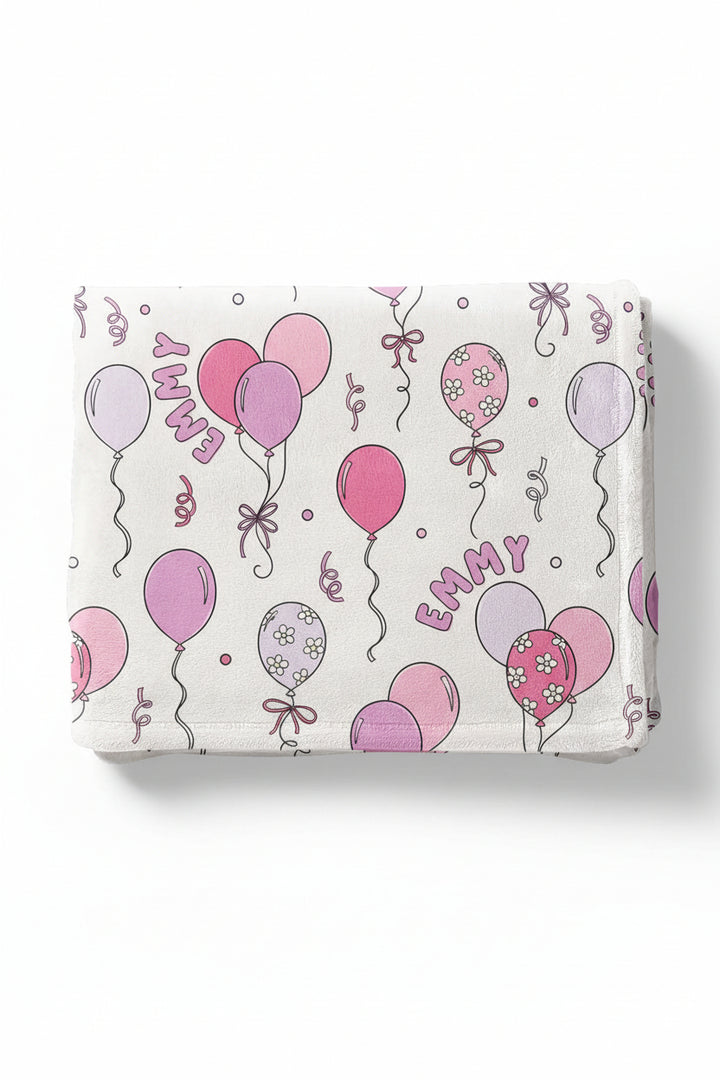 pink and purple balloon and streamer personalized kids blanket 