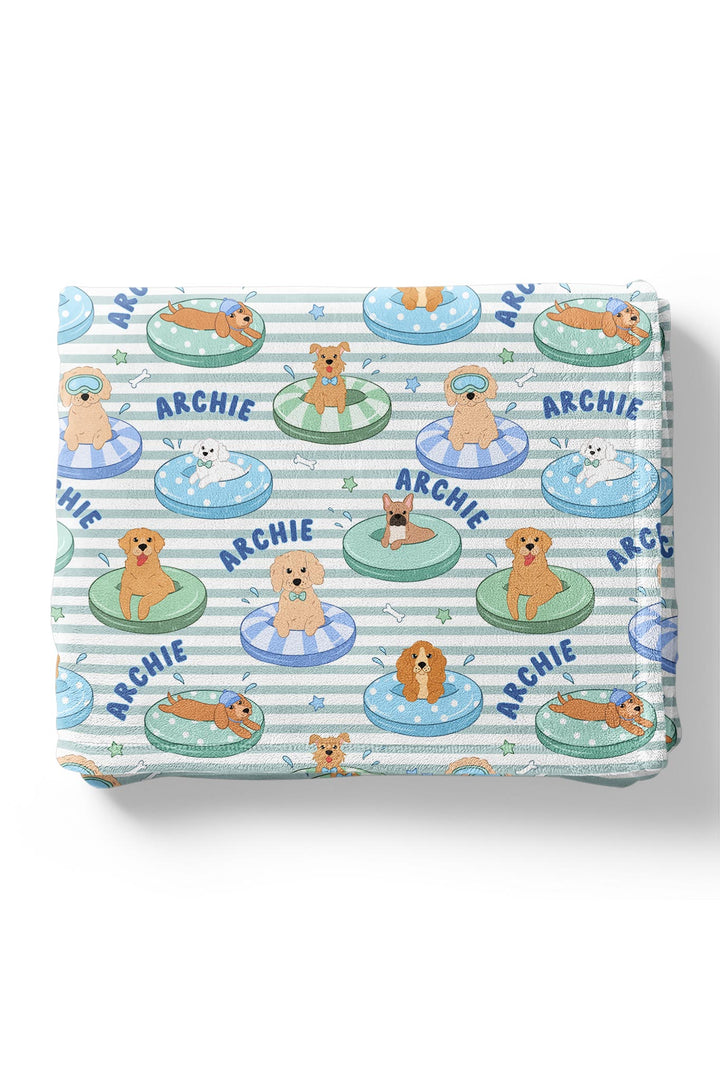 personalized blue poolside pups kids blanket with dog and floaties print
