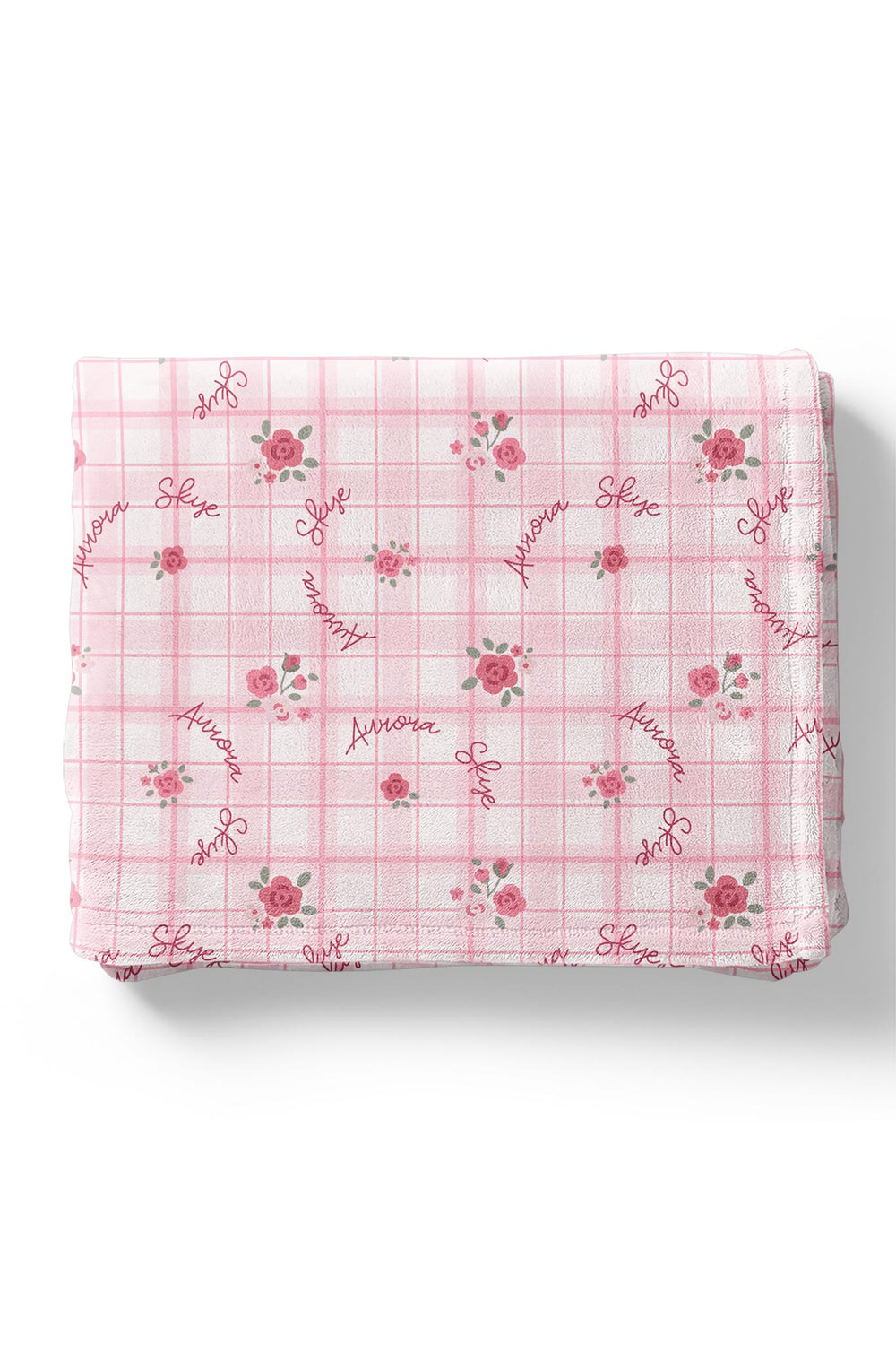 Personalized Primrose Plaid blanket folded showing repeated name print
