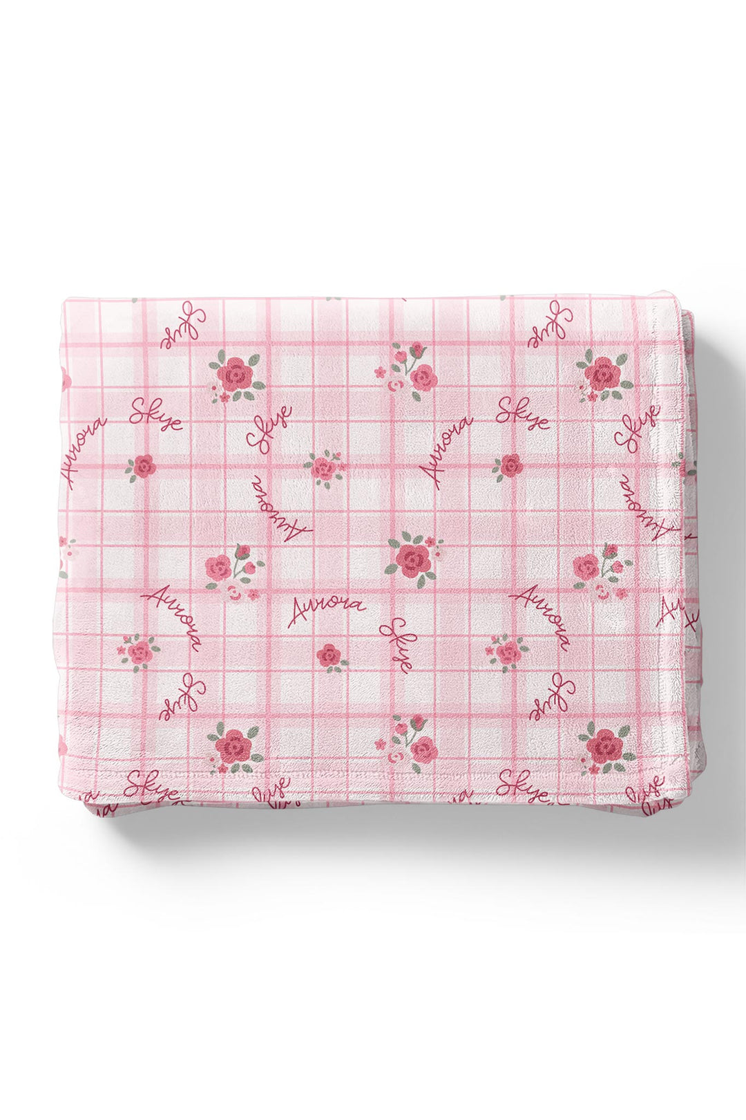 Personalized Primrose Plaid blanket folded showing repeated name print