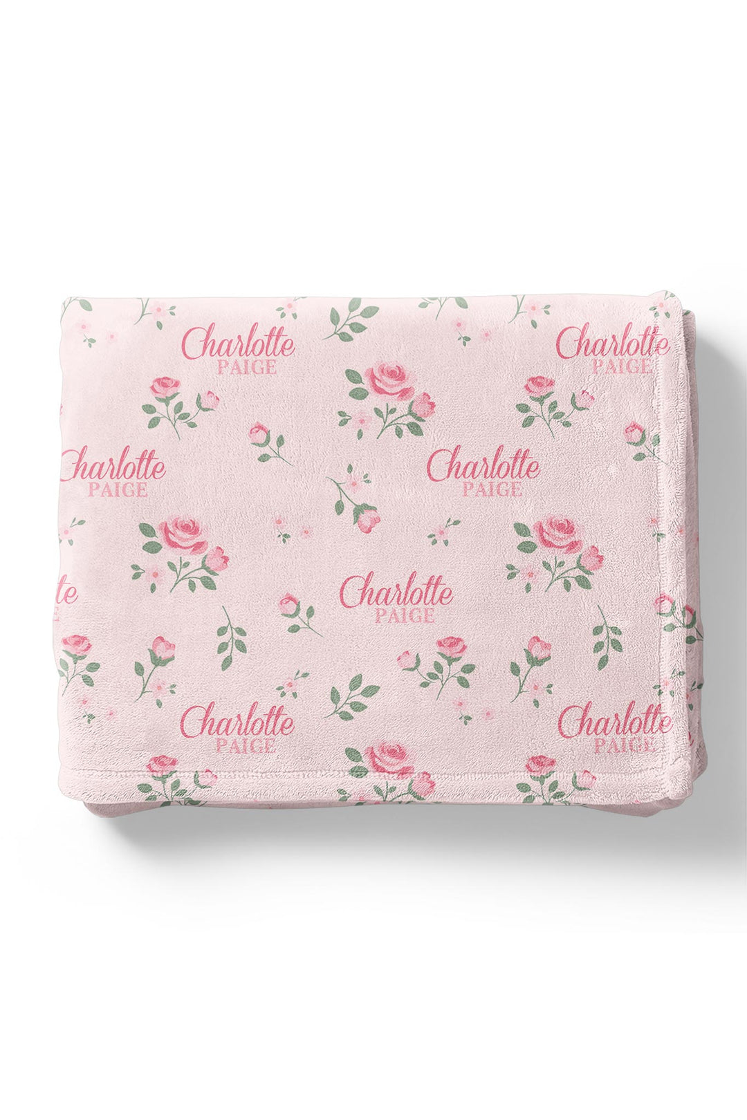 Caden Lane personalized baby blanket, folded, Rose Garden Blush pink floral pattern with custom name