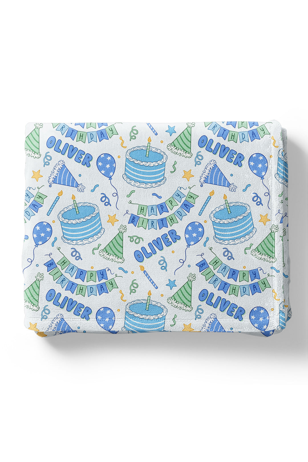 A Caden Lane personalized kids blanket featuring a white background with a colorful 'Happy Birthday Oliver' party pattern, including blue and green illustrations of cakes, balloons, hats, and banners.