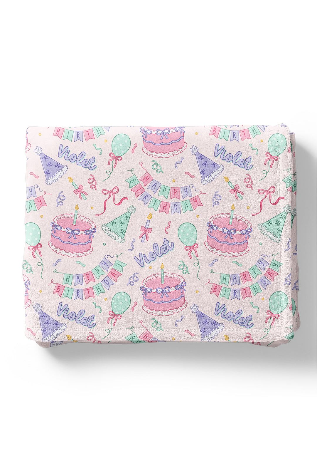 A Caden Lane personalized and colorful 'Violet' birthday pattern with illustrations of cakes, balloons, party hats, banners, and confetti.