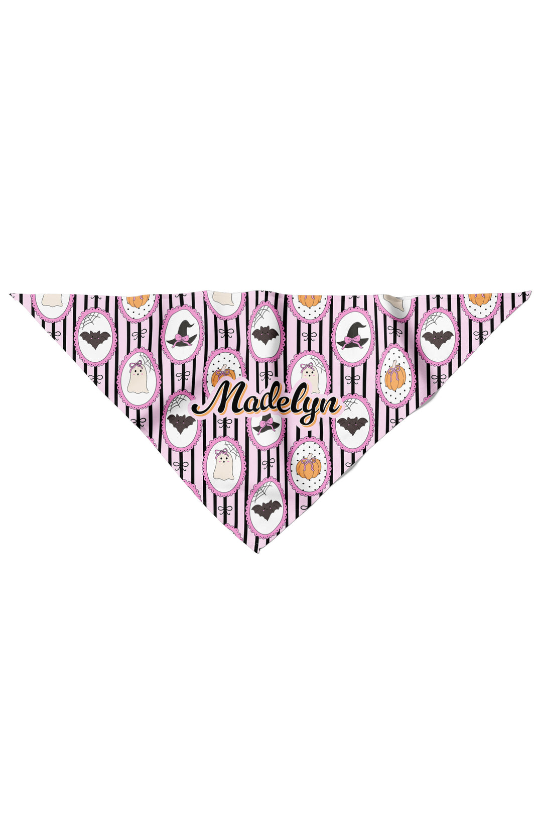 Flat lay of a personalized pink and black striped Halloween pet bandana with pumpkin, bat, and ghost designs, customized with a name in cursive script.