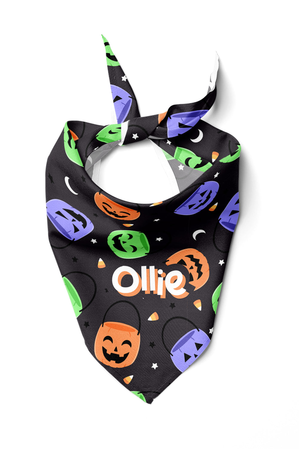 Personalized Halloween pet bandana in black with purple, green, and orange jack-o-lantern and candy corn print, custom embroidered with the name Ollie