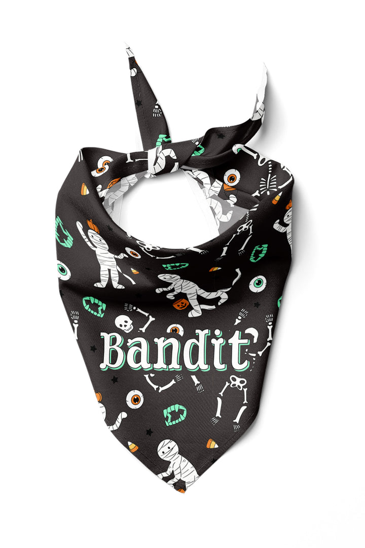 Black bandana with Halloween-themed design and 'Bandit' text on a white background