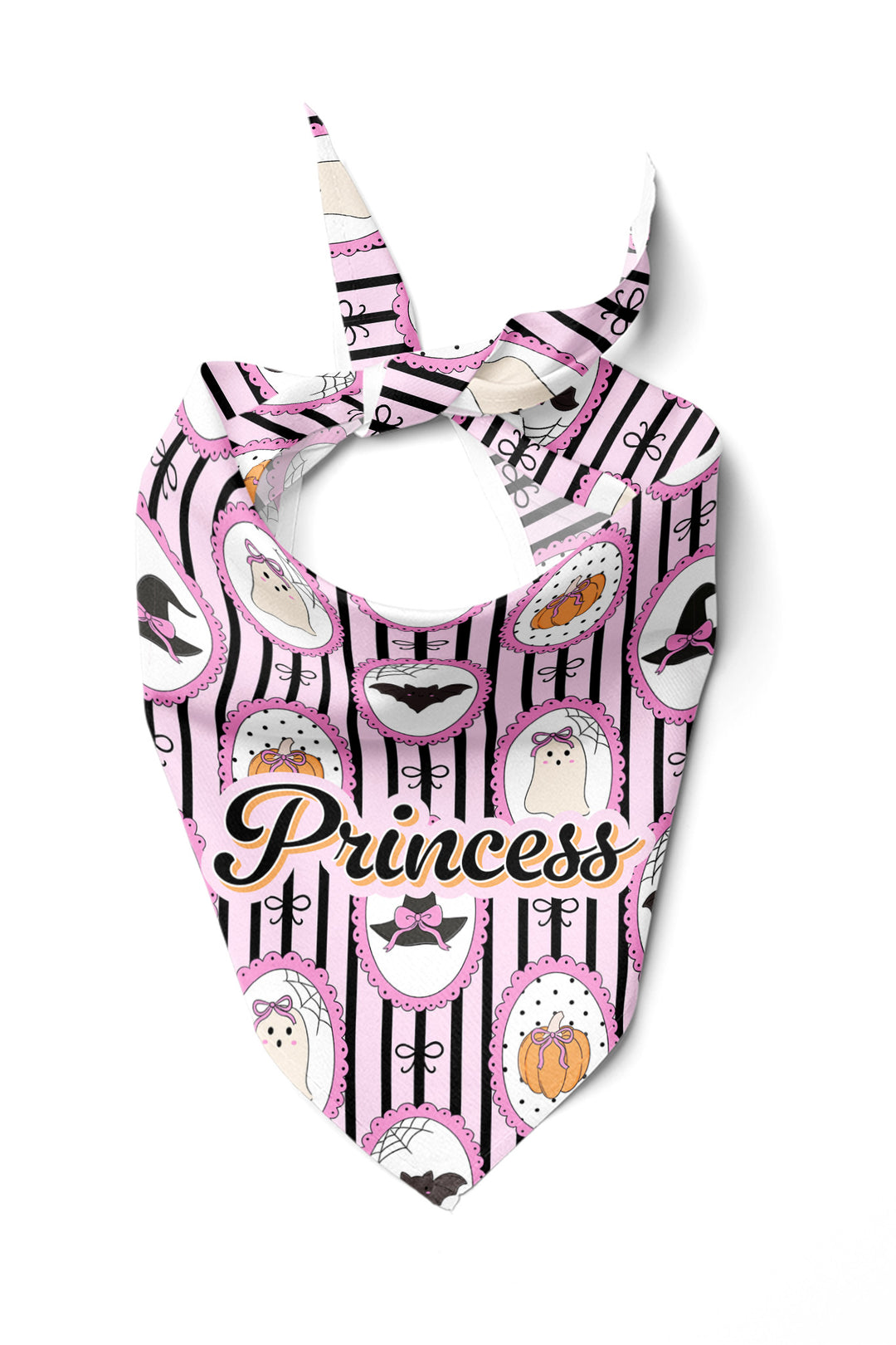 Pink and black striped Halloween bandana fabric print with pumpkins, bats, and dog silhouettes, featuring the word 'Princess' in cursive script.