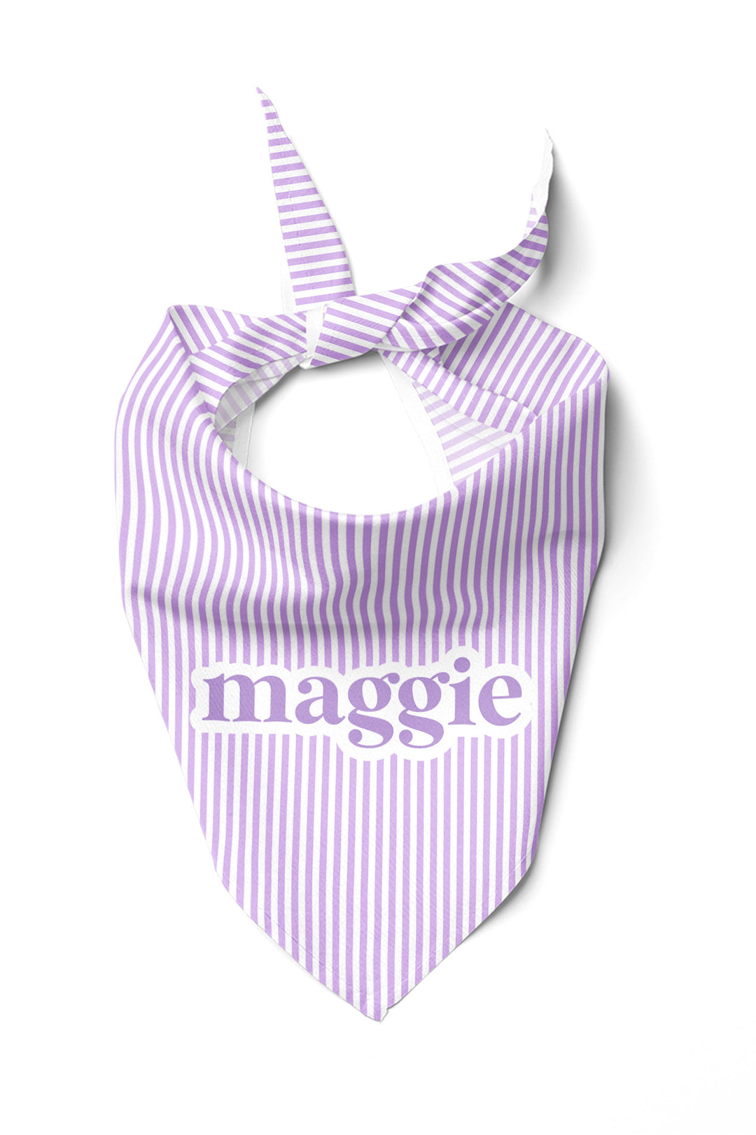 Personalized pet bandana in lavender and white vertical stripes, tied in a knot, with the name "maggie" printed in purple script