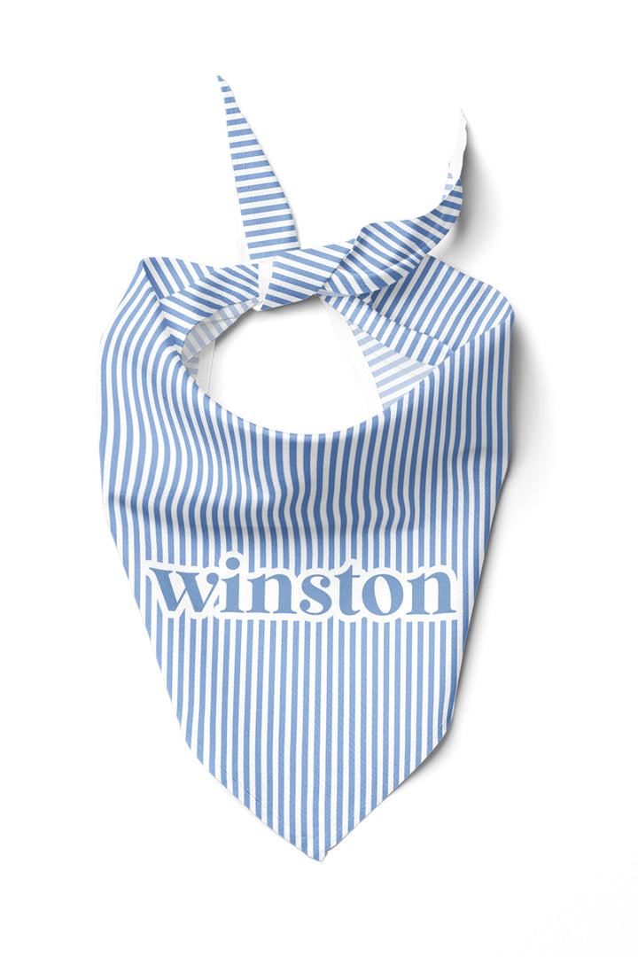 Light blue and white striped pet bandana tied in a knot, personalized with the name "Winston" in embroidered text, Morning Mist print