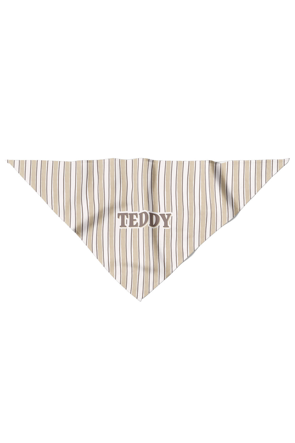 Flat-lay of personalized pet bandana in Biscuit Stripe pattern showing triangle shape with the name TEDDY printed in block letters at center