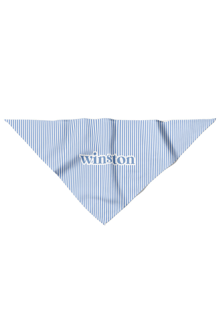 Flat lay of light blue and white striped pet bandana showing triangular shape, personalized with name "Winston", Morning Mist print