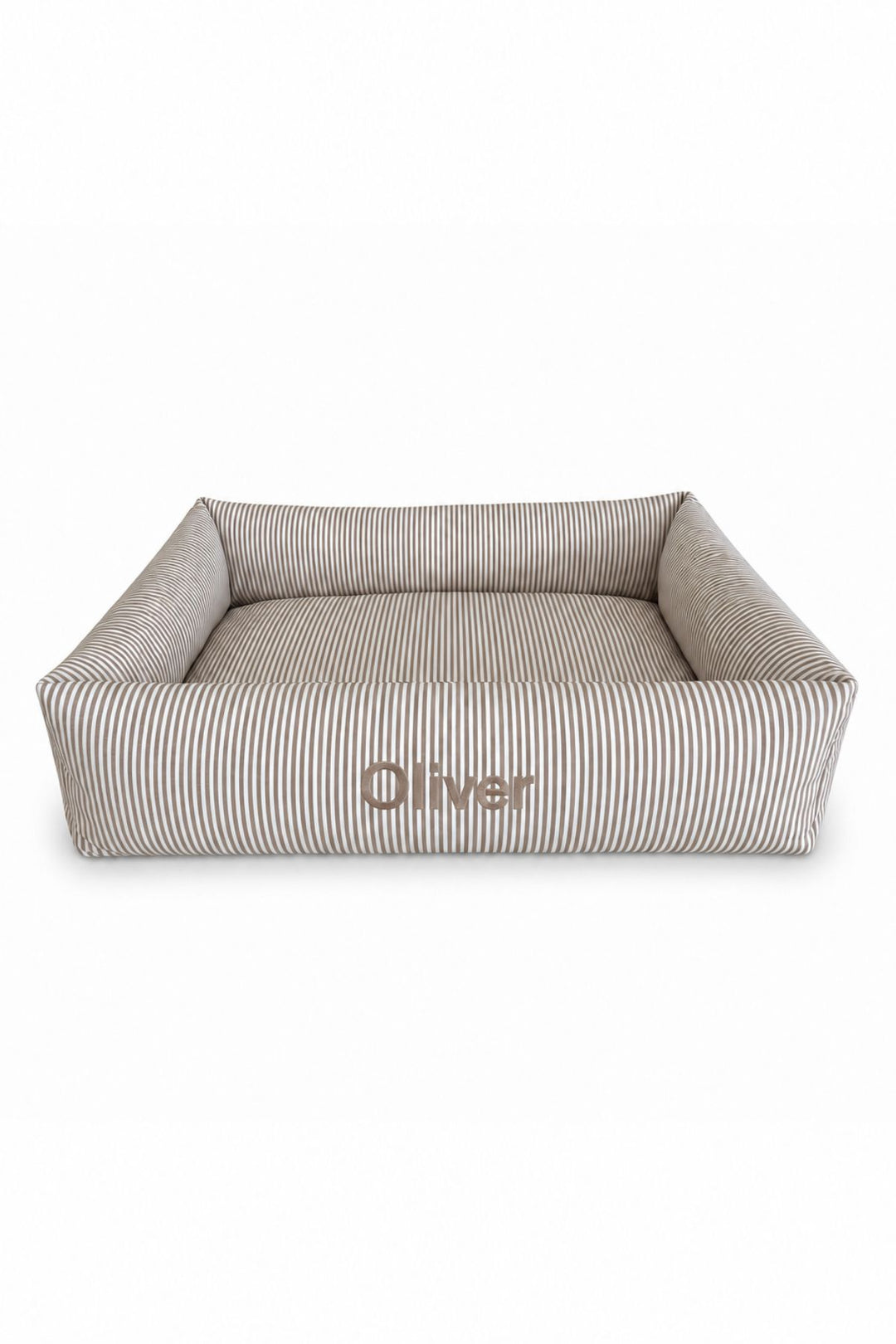 A rectangular Lane & Leash  high-cushioned pet bed with a beige and white vertical stripe pattern, featuring the name 'Oliver' embroidered on the front, set against a plain white background.