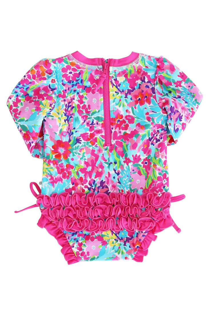 back view of petal splash long sleeve rash guard with ruffle bottom 