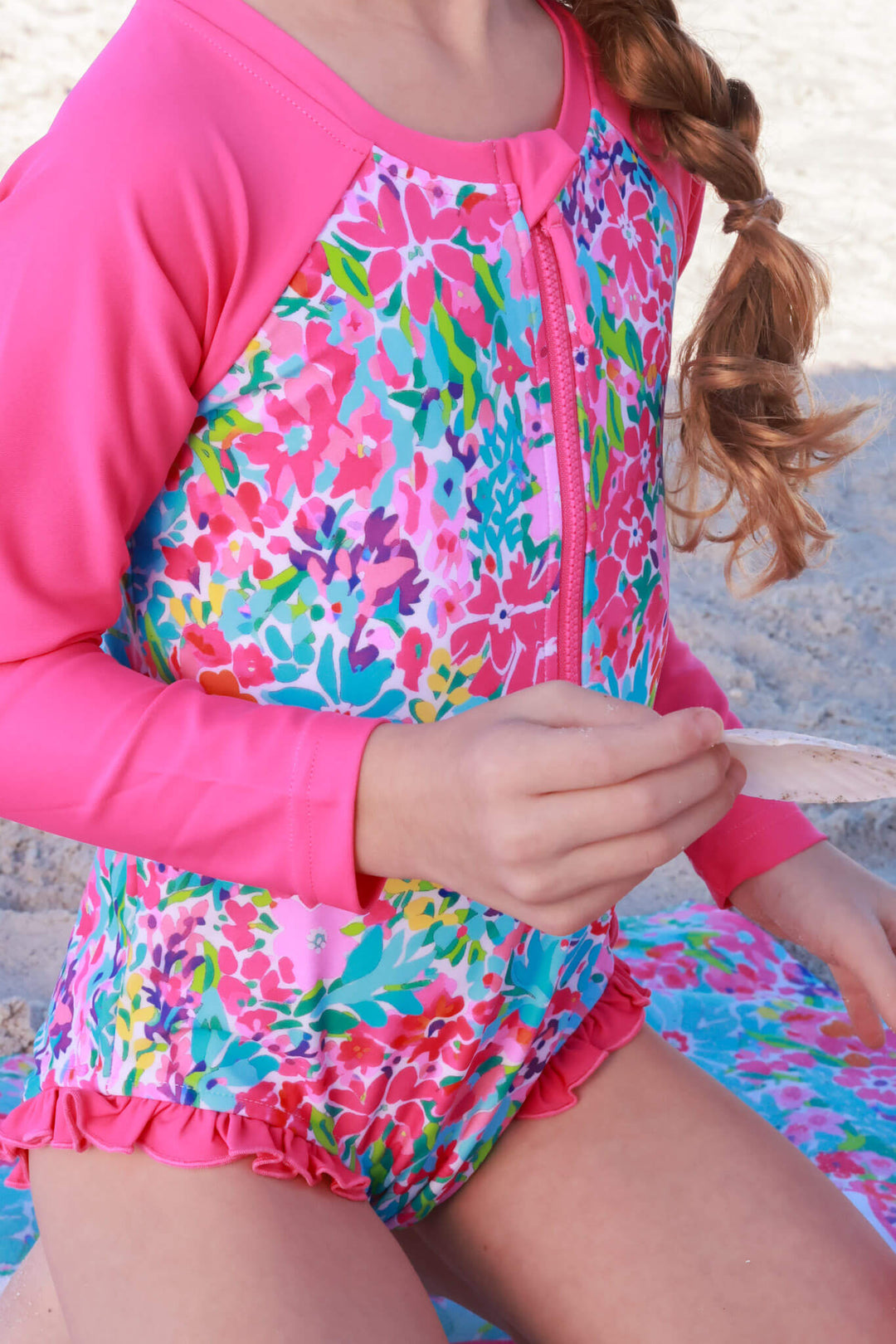 petal splash ruffle hip long sleeve rash guard with front zipper 