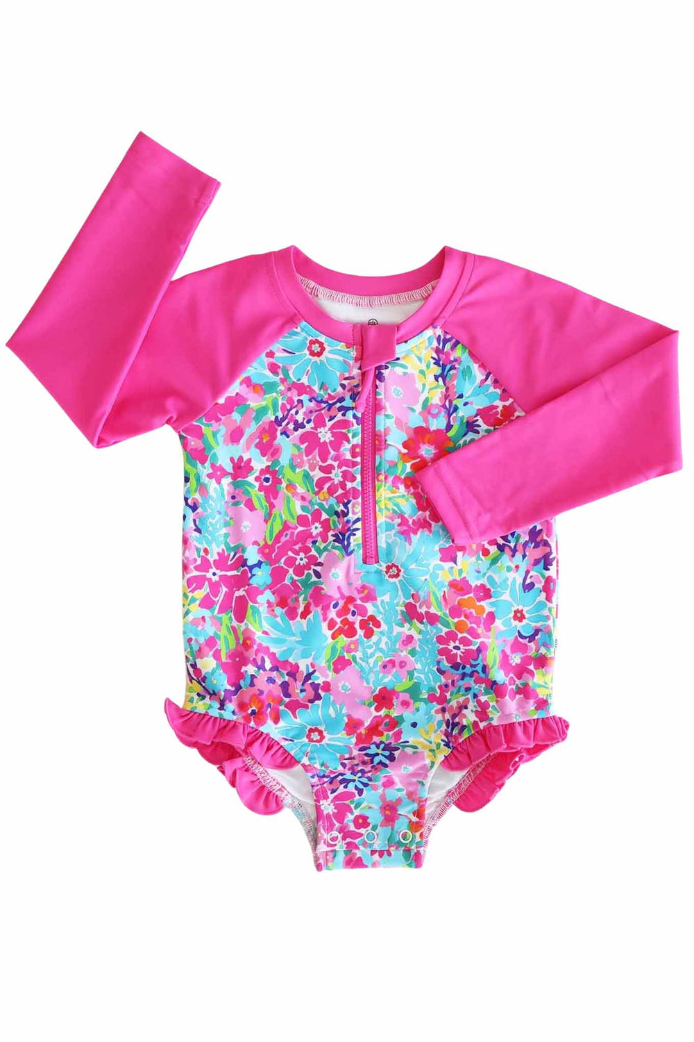bright floral long sleeve rash guard swimsuit for girls with front zipper 