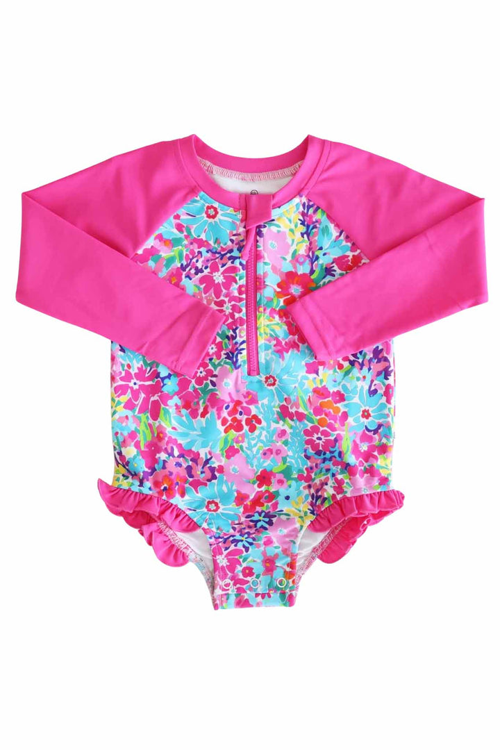 petal splash ruffle hip front zip rash guard 