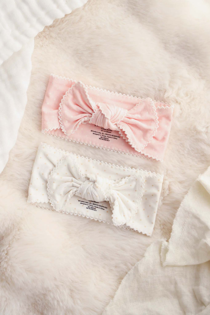 picot headwraps for baby girls in pink and taupe