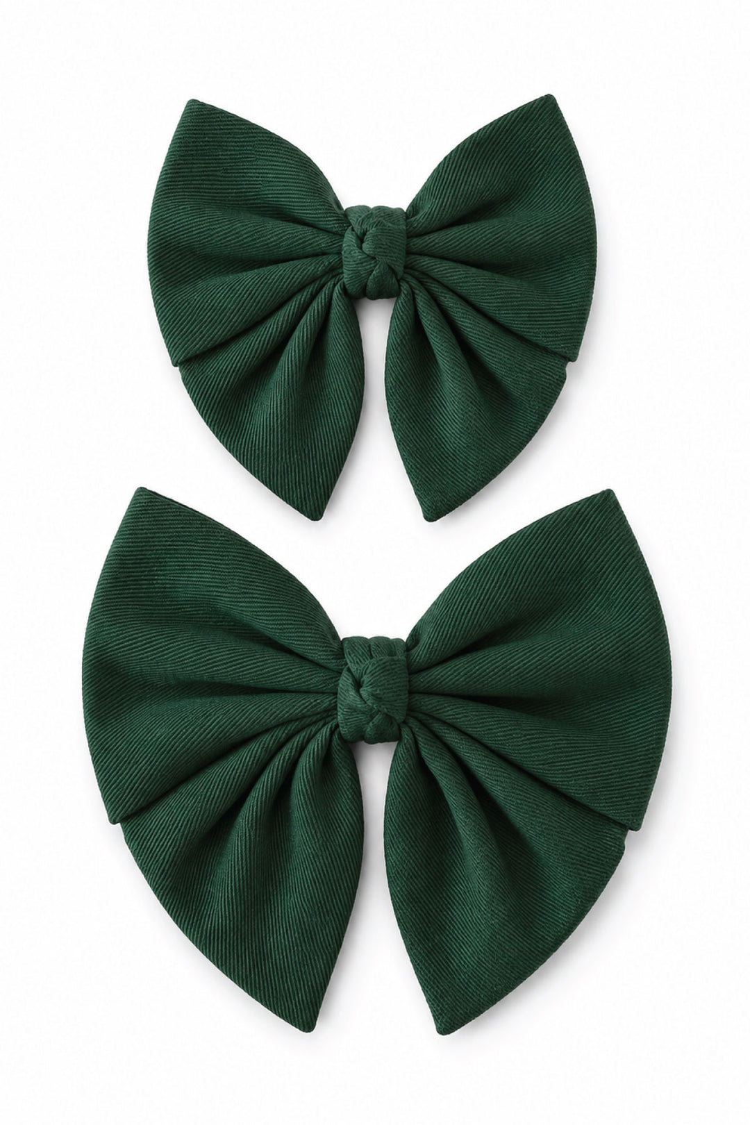 Two Lane & Leash Pine dog sailor bows in solid dark green, shown in small and large sizes on a white background
