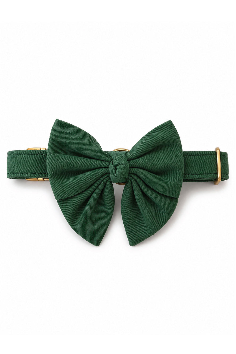Lane & Leash Pine dog collar in solid dark green with matching oversized sailor bow and gold hardware, on a white background