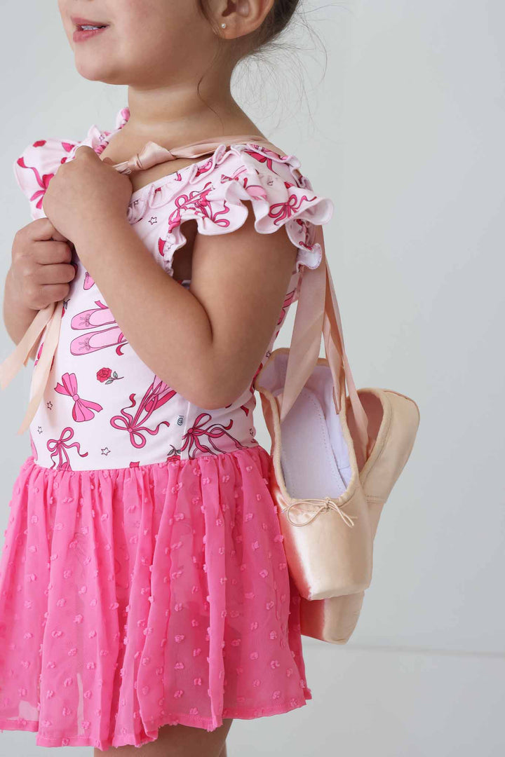 hot pink bow, ballet shoe and flower tulle skirt leotard for girls 