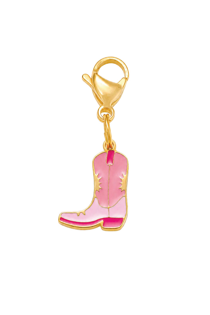 Pink enamel cowgirl boot pet collar charm with gold lobster claw clasp on white background