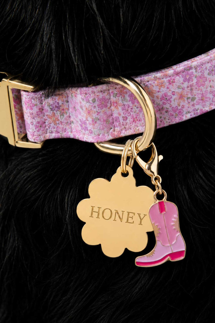 scattered blooms collar with flower id tag and pink cowgirl boot charm