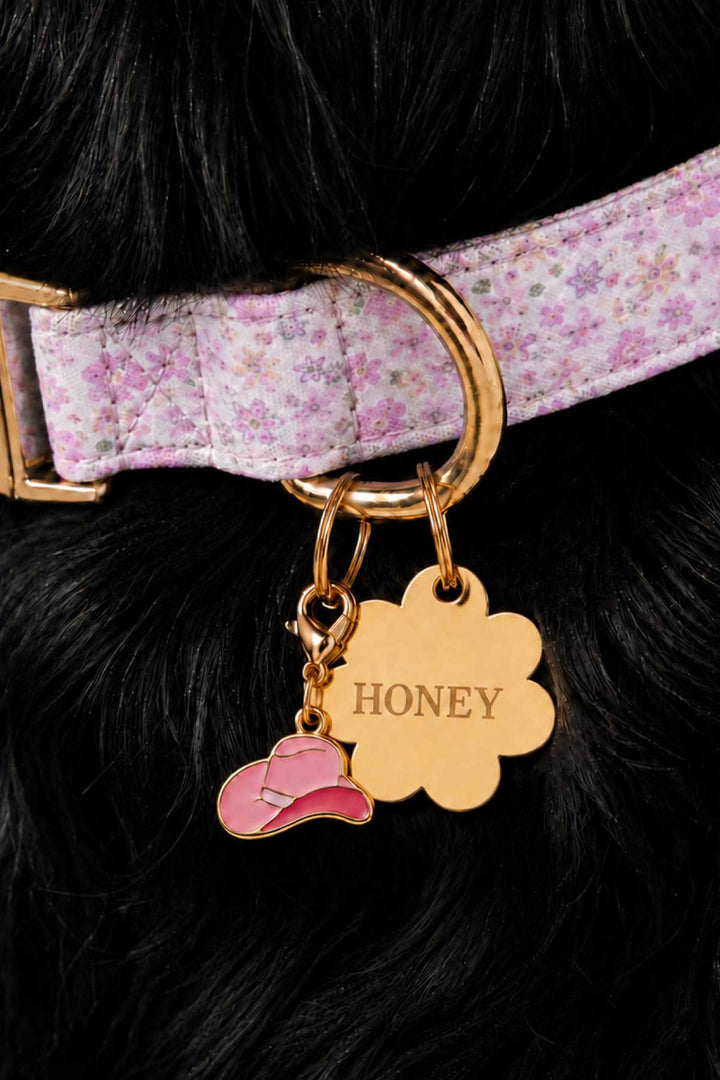 scattered blooms collar with pink cowgirl hat and flower id charm