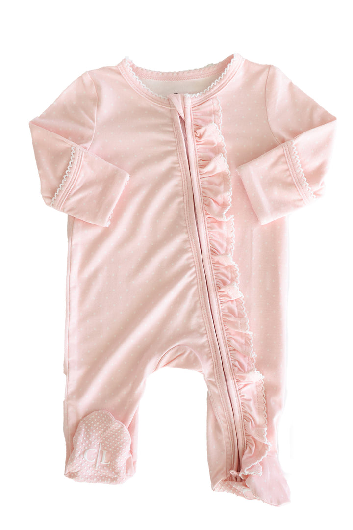 pink picot trim bamboo zipper footie flat lay