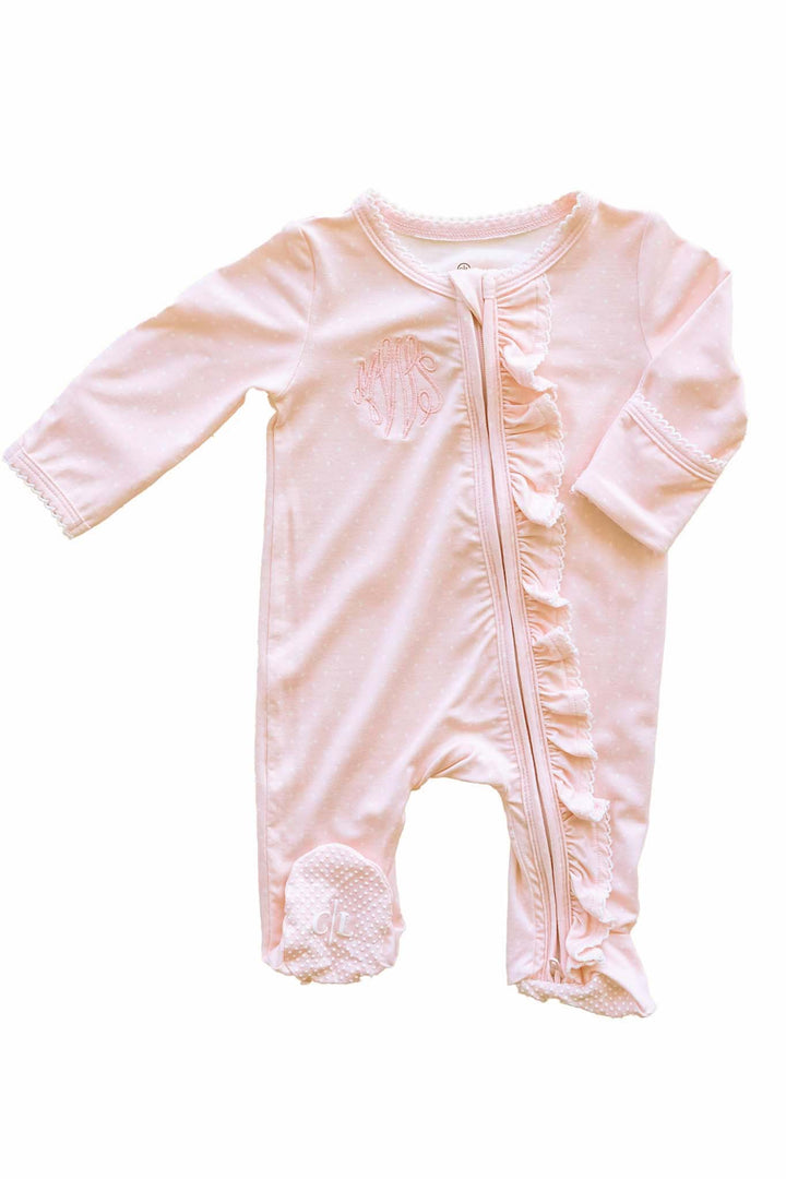 personalized pink picot trim bamboo zipper footie with custom monogram for babies