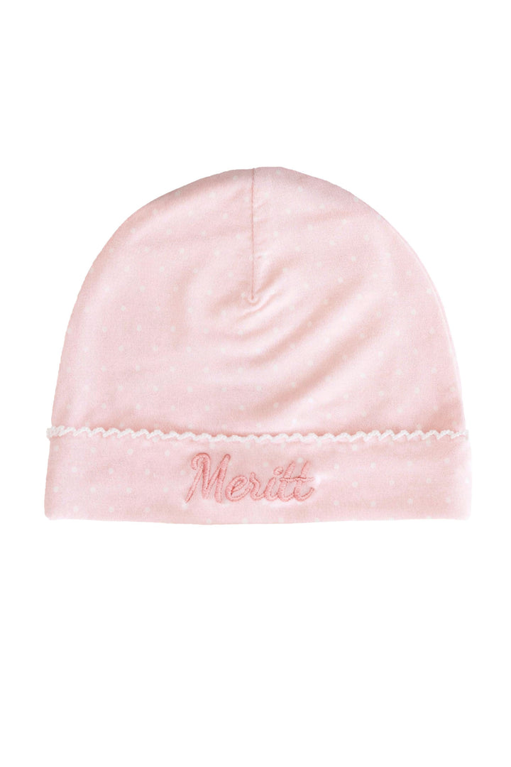 personalized pink picot trim bamboo hat with custom monogram for babies