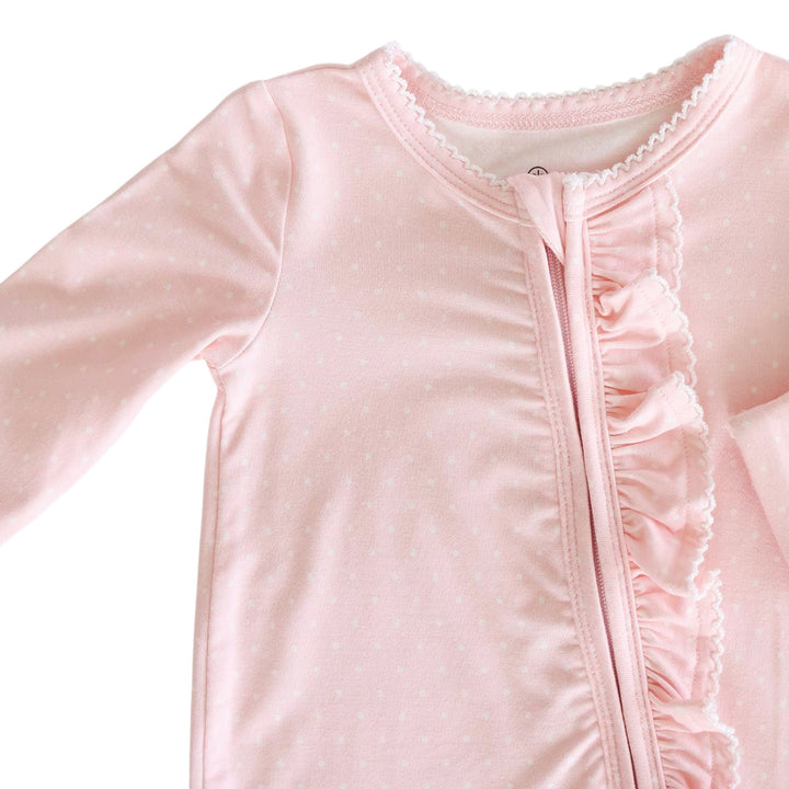 monogram detail on pink picot trim bamboo footie