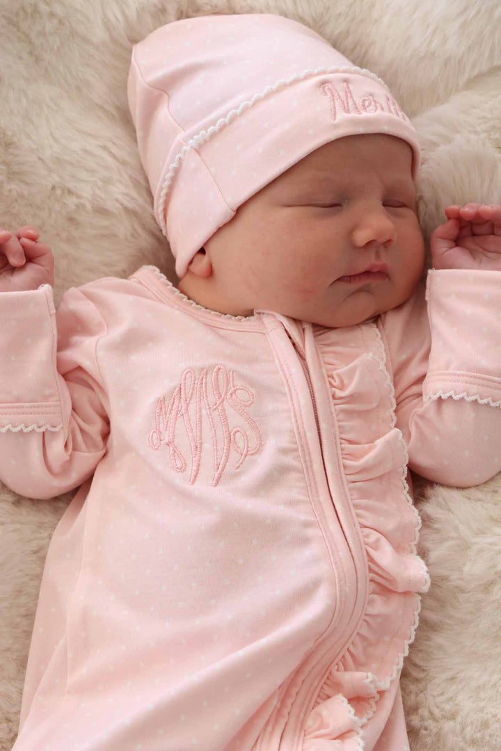 pink picot trim bamboo footie on baby