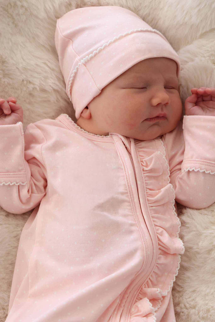 pink picot trim bamboo footie on baby