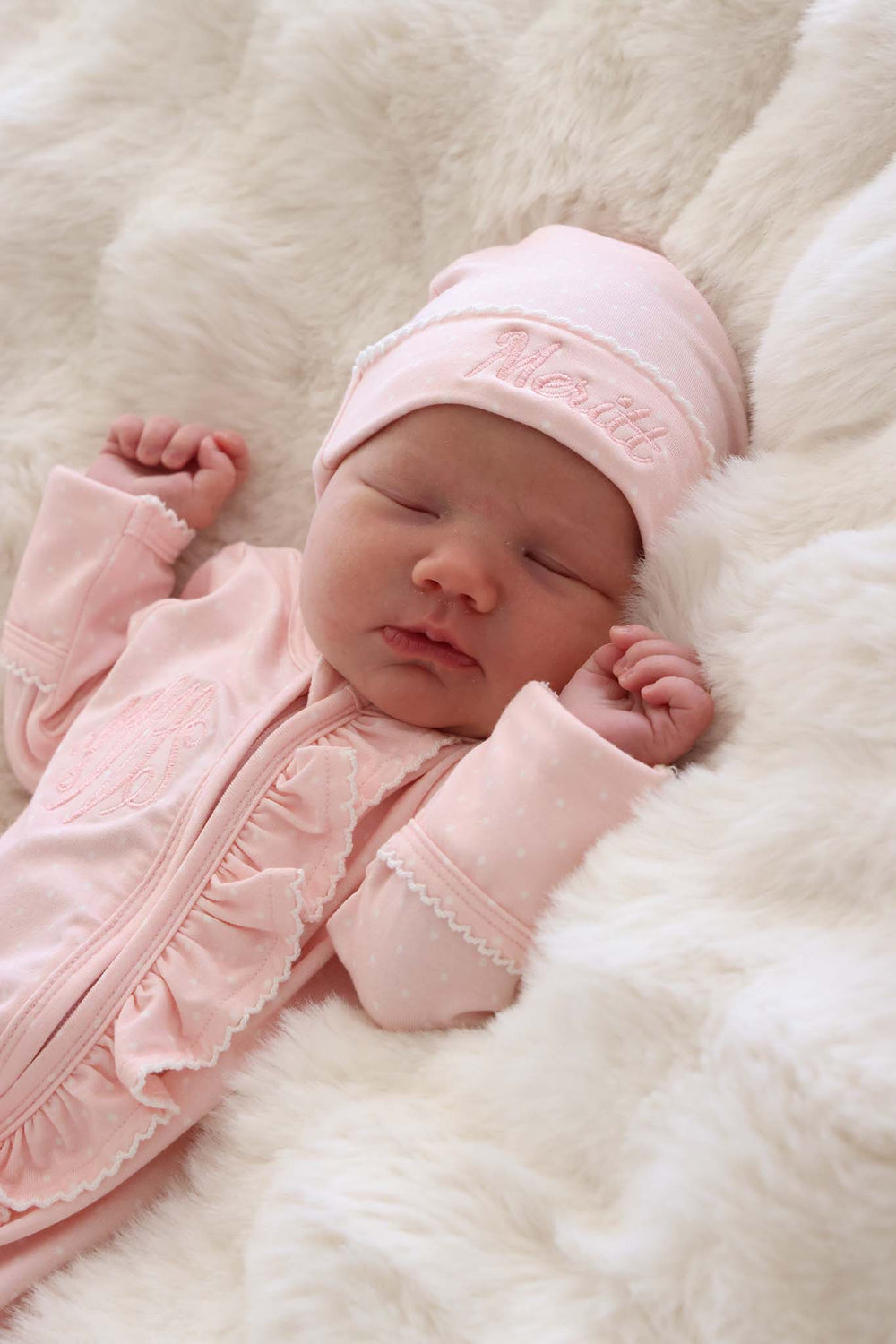 close-up of pink picot trim bamboo footie for babies