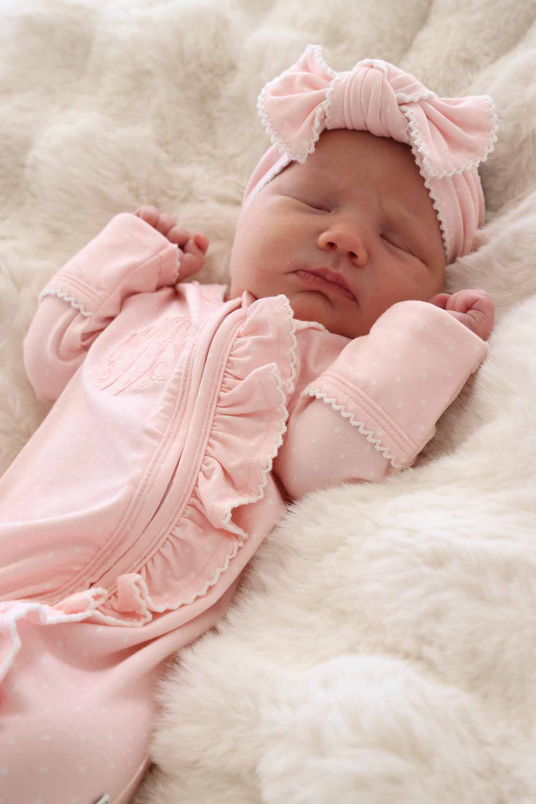 baby styled in pink picot trim knit large bow headwrap