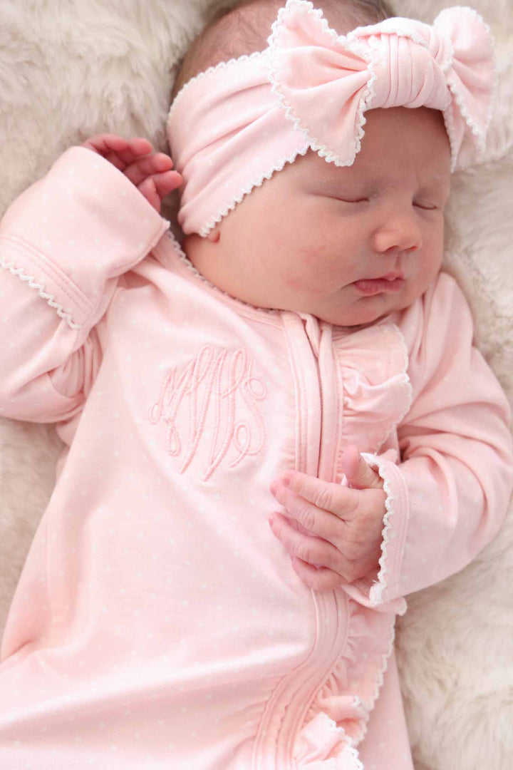 pink bow headwrap with picot trim detail
