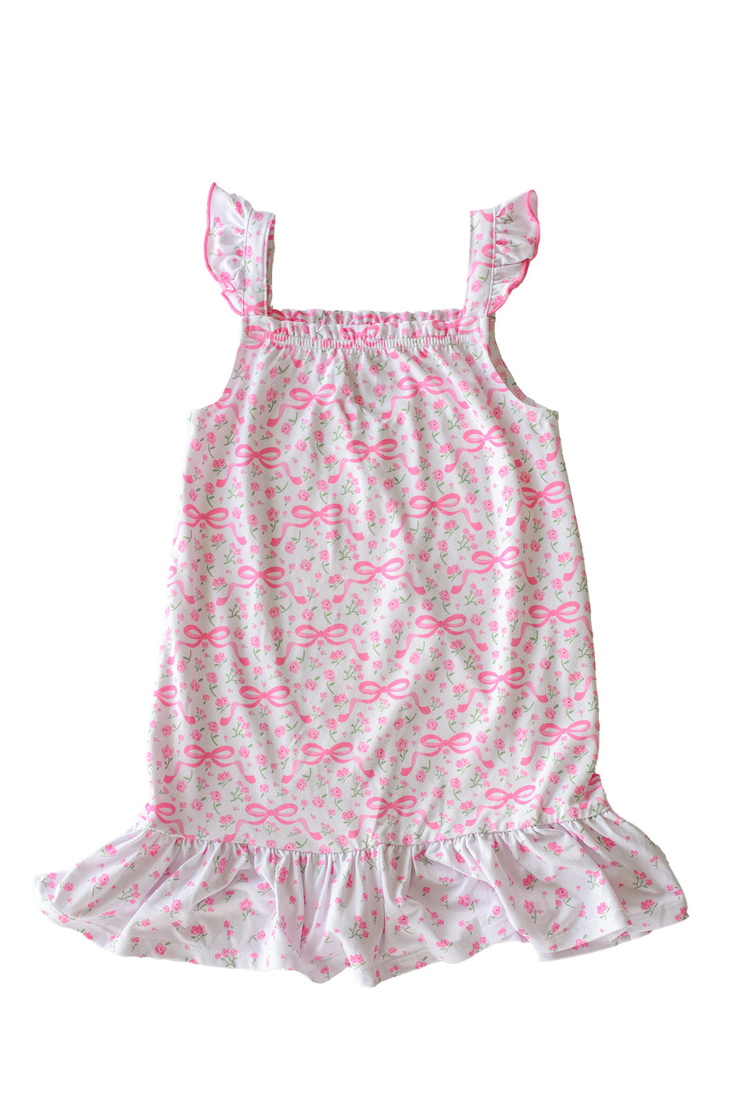 Young girl wearing Full Length Ruffle Nightgown in Dreamy Bows pink bow print, flutter sleeves, standing view