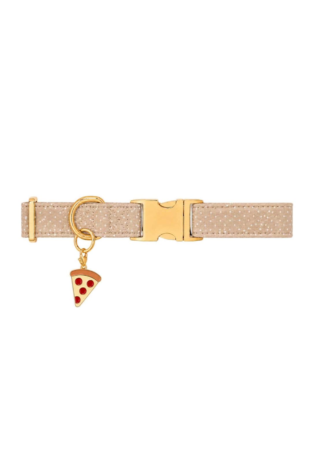 Tan pet collar with a pepperoni pizza slice enamel charm attached, shown on white background