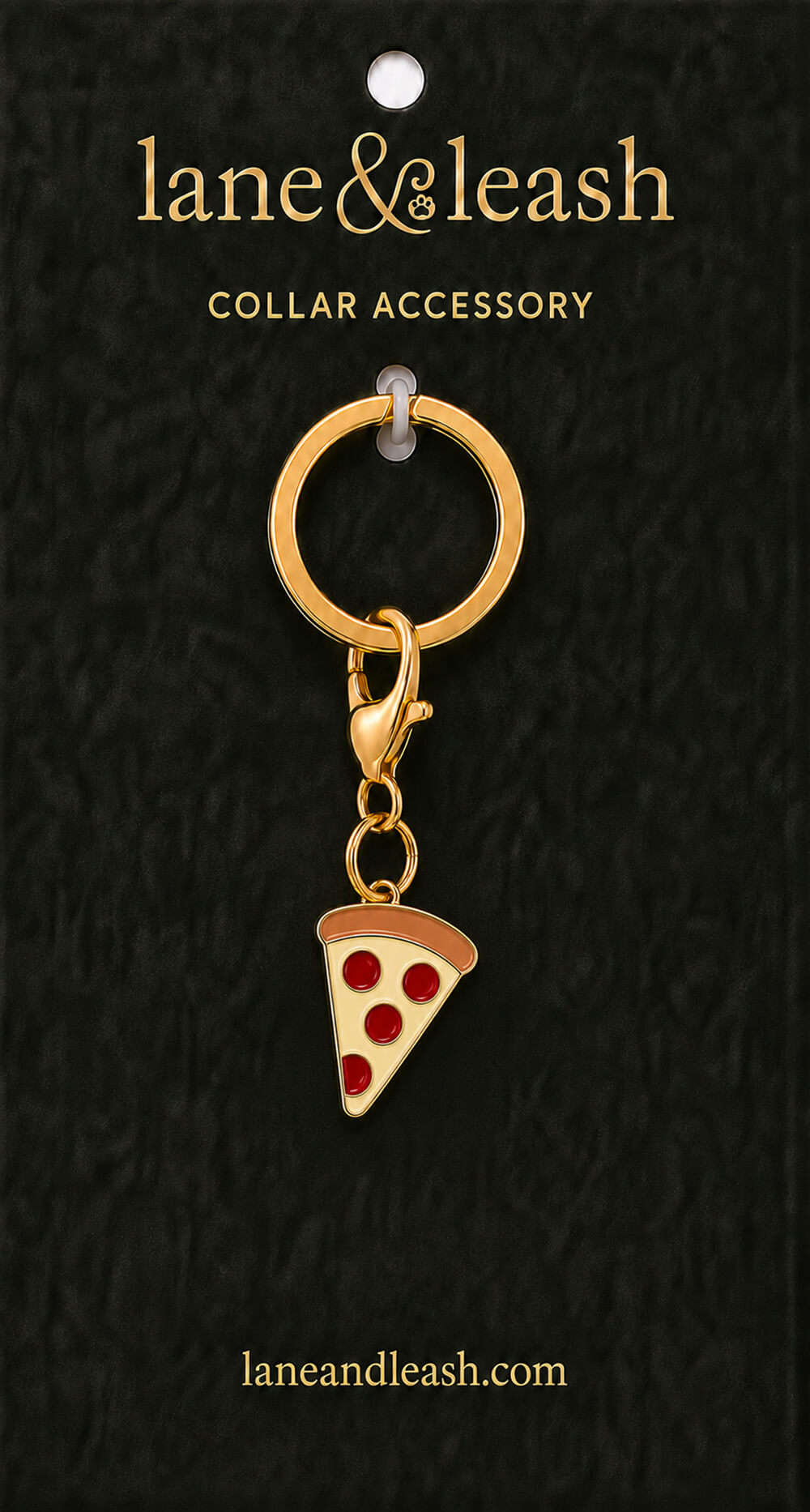 Pizza slice Lane & Leash collar accessory charm displayed on dark green packaging card with lobster claw clasp and jump ring