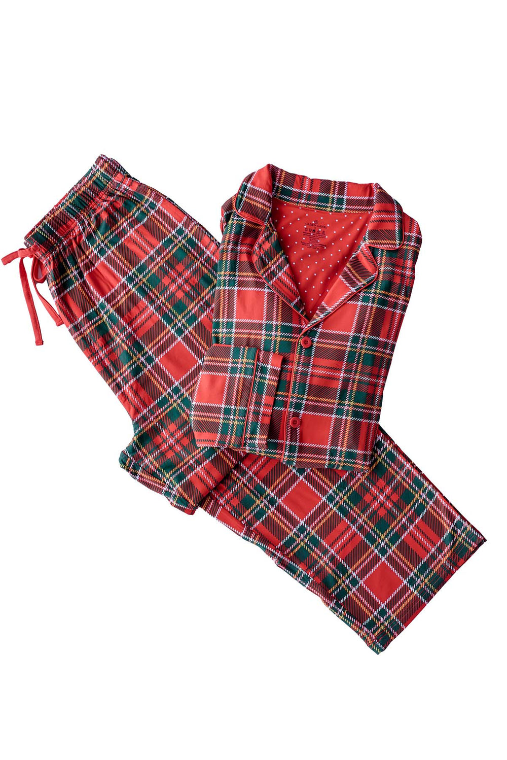 Caden Lane women's Christmas bamboo two-piece pajama set in a classic red and green plaid print, featuring a button-front top and matching lounge pants for holiday sleepwear.