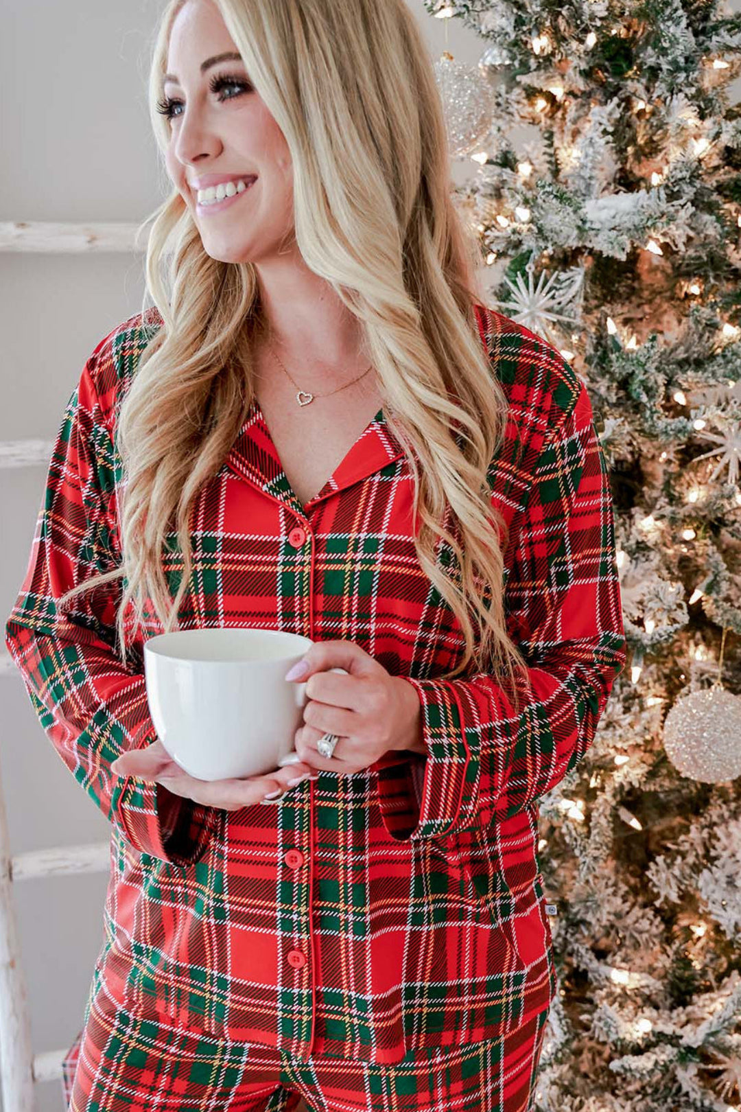 Caden Lane women's Christmas bamboo plaid pajamas in a classic red and green tartan print, featuring ultra-soft matching holiday sleepwear perfect for cozy Christmas mornings.