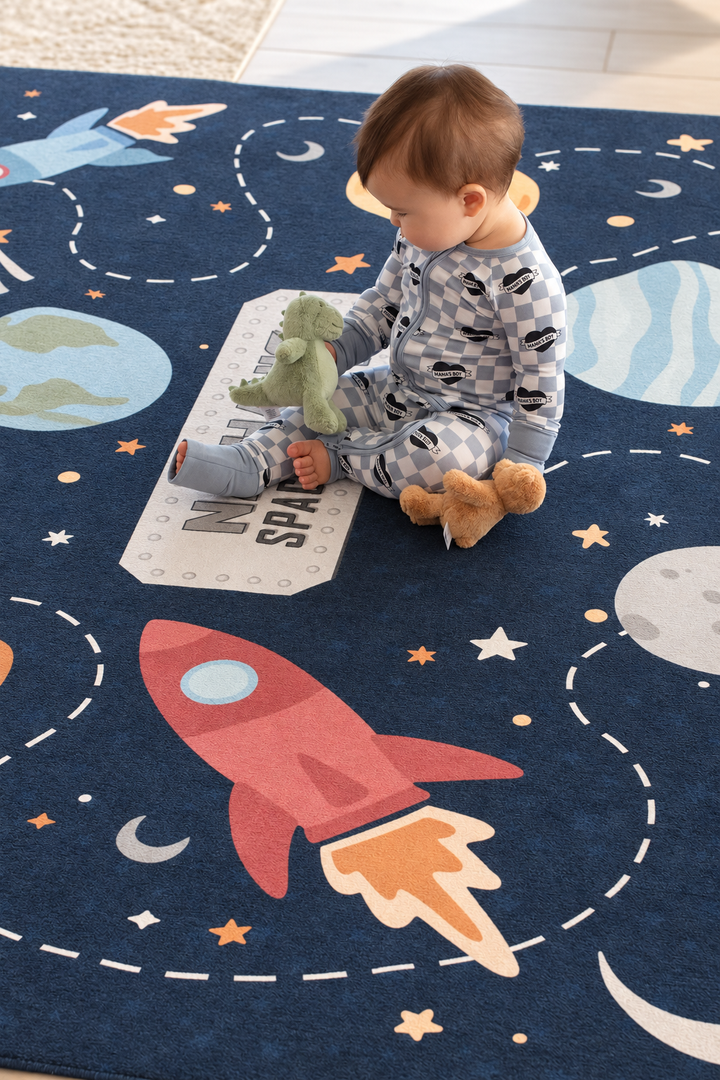 Baby crawling on a personalized Caden Lane space-themed playroom rug featuring colorful planets, stars, moons and rockets.