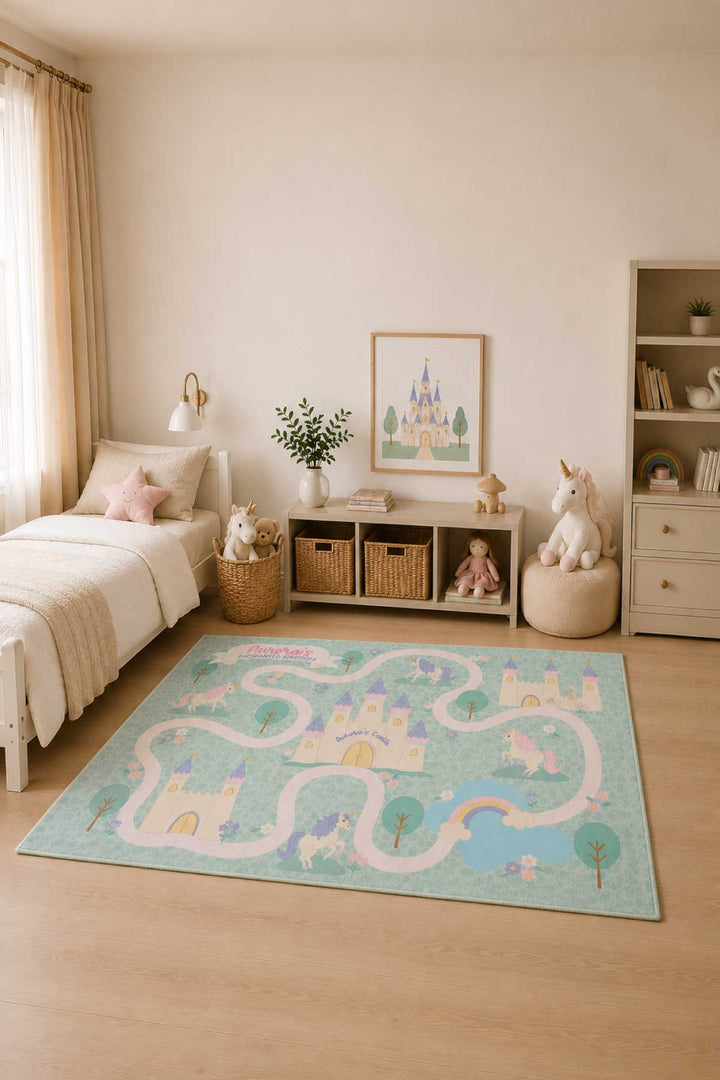 Caden Lane personalized princess-themed area rug in a girl's bedroom, featuring a mint green play-map design with a pastel castle labeled 'Aurora's Castle,' unicorns, a rainbow, and winding paths, placed near a bed with a smiling star pillow